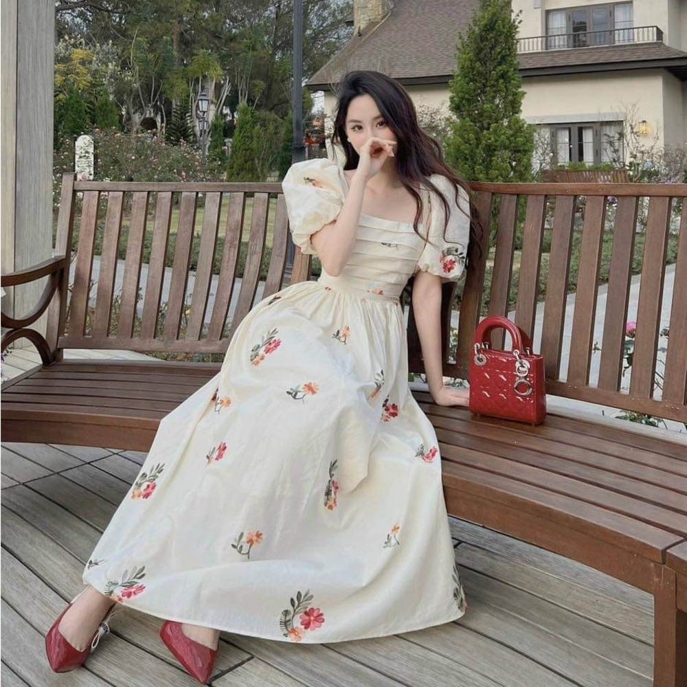 Square Collar Puff Sleeve Printed Women Chiffon Long Dress